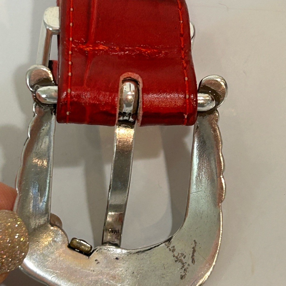 Brighton Red Croc-Embossed Leather Belt ML 32 | Silver Scroll Buckle & Tips USA - Picture 8 of 12